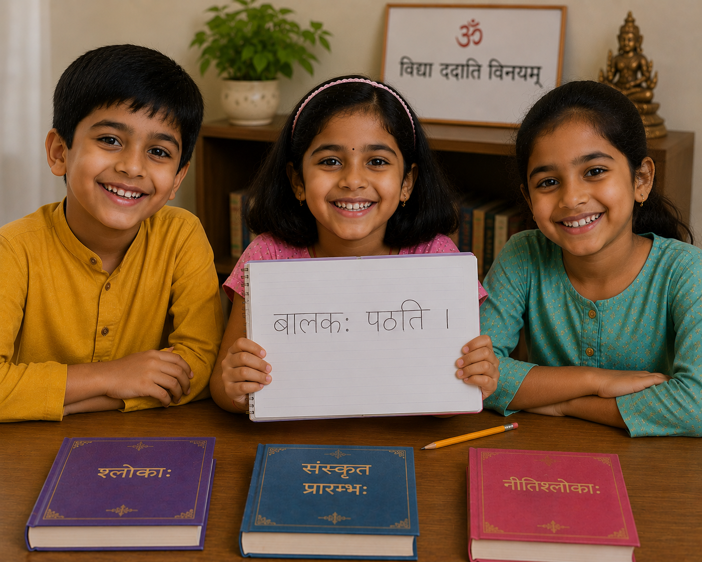 Happy children learning Sanskrit online